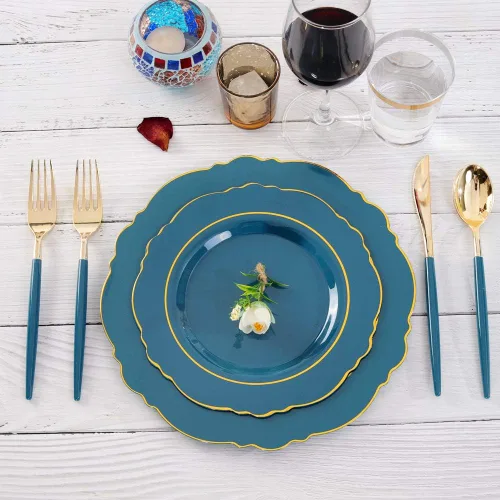 Miniatura 3 de NERVURE - 102 platos de plástico dorados, diseño de cristal transparente, desechables, para fiestas de boda; incluye 51 platos de plástico para cena
