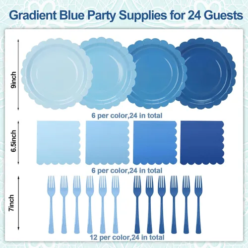 Miniatura 3 de Platos y servilletas de papel azul, incluye 24 platos azules degradados de 9 pulgadas, servilletas, tenedores, suministros de fiesta
