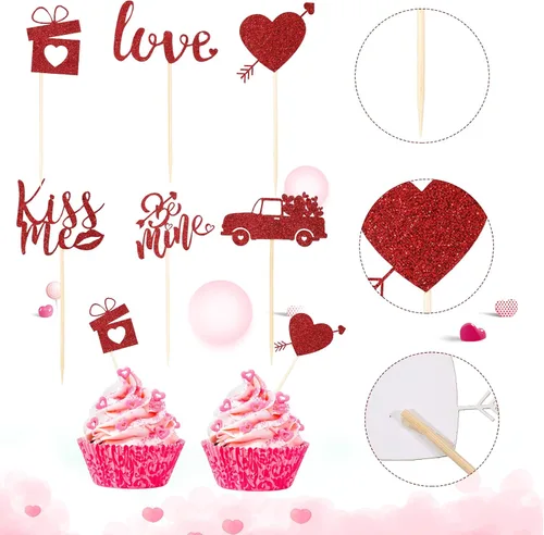 Miniatura 3 de Pajean 60 piezas de decoración para cupcakes para el día de San Valentín con purpurina roja y corazón de amor, beso me Lip Be Mine, caja de regalo