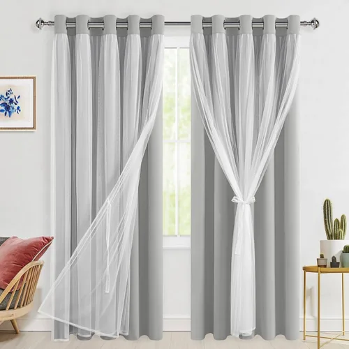 Miniatura 104 de Hiasan Cortinas opacas con superposición transparente, aislamiento térmico para mezclar y combinar de doble capa, cortinas de oscurecimiento de Beige