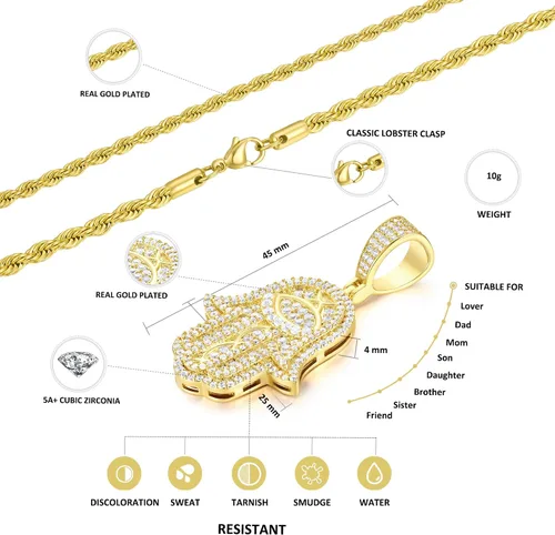 Miniatura 2 de Collar con colgante de mano Hamsa chapado en oro real de 18 quilates o blanco con dije de mano de Hamsa, protección de buena suerte, cadena