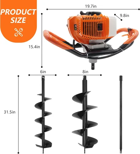 Miniatura 3 de Perforadora de Agujeros para Postes de 62CC, Perforadora de Agujeros para Postes de Tierra a Gas de 2 Tiempos con 2 Brocas de Barrena (6" y 8") + 1
