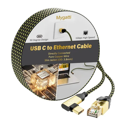 Cable USB C a Ethernet de 1 pie, cable tipo C a RJ45 de 90 grados, cable de Internet de 1 Gbps, cable trenzado de nailon delgado, conectado