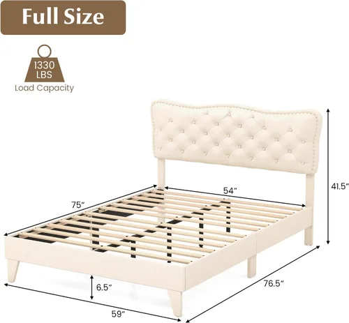 Miniatura 2 de Giantex Base de cama tamaño matrimonial color beige, plataforma tapizada de tela de lino con cabecera de clavos, base de colchón con botones