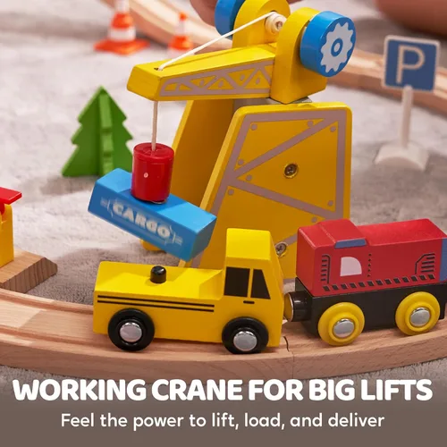Miniatura 5 de Juego de trenes de madera de 60 piezas, trenes magnéticos de juguete con pista de madera para niños de 3 a 8 años, juego de tren de grúa