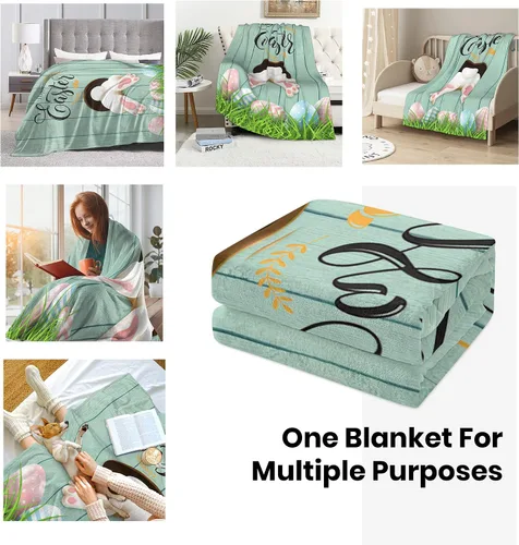 Miniatura 3 de Manta de Pascua para niños, cálida manta de vellón de felpa de franela, manta de cama con cola de conejo, huevos de Pascua, conejo, flores