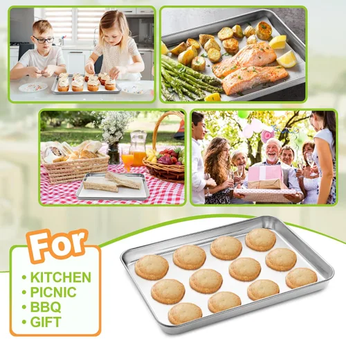 Miniatura 6 de CEKEE Juego de 4 Bandejas para Hornear de Acero Inoxidable, Gran Bandeja para Hornear y Galletas y Bandeja para Horno, Media Bandeja, Tamaño 18 x 13