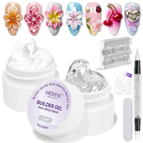 Miniatura 12 de MIZHSE 2PCS 3D Gel Nail Art Clear Sculpting Gel, 5 in 1 Clear Non-Sticky Sculpture Molding Solid Builder Gels for Nails with Chrome Nail Powder Kit
