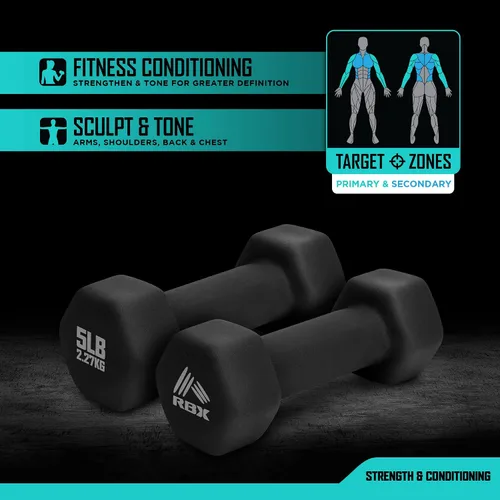 Miniatura 2 de RBX - Juego de mancuernas de neopreno con agarre antideslizante, equipo de entrenamiento de fuerza para el hogar o el gimnasio, no ruedan