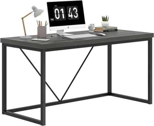 Miniatura 8 de EXCEFUR Escritorio moderno de oficina en casa, escritorio de computadora de madera y metal, mesa de estudio de escritura industrial para sala de Gris