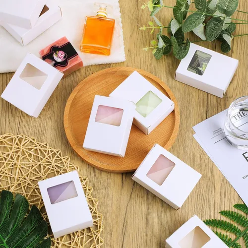 Miniatura 4 de Spakon 30 cajas de jabón de papel kraft blanco con ventana, 3.5 x 2.6 x 1.2 pulgadas, se adapta a hasta 4 jabones hechos a mano, caja de regalo