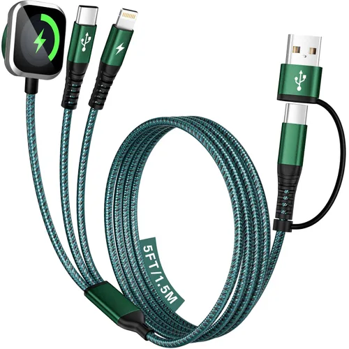 Miniatura 9 de Cable de Carga Múltiple para Cargador de Apple Watch, 4 en 1 Cable Cargador de Teléfono USB A/C con Doble Tipo-C/IP, Cable Magnético iWatch de Nylon