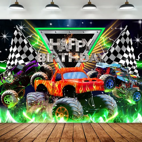 Miniatura 8 de Newsely - Telón de fondo personalizado con temática de camiones para fiesta de cumpleaños; suministros para fiesta de cumpleaños con temática