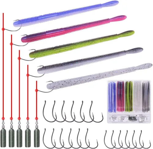 Aparejos de pesca de gusanos de plástico suave para lubina, gusanos de goma de 4 pulgadas, gusanos locos, cebos de cola recta, kit de 49 piezas con