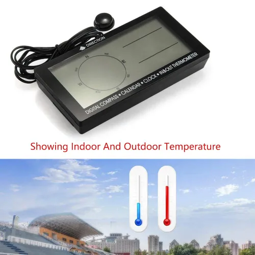 Miniatura 2 de Termómetro digital para coche negro con retroiluminación azul brújula reloj con LCD grande 3.9 pulgadas