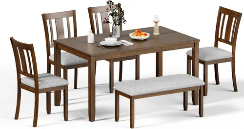 Miniatura 7 de Zevemomo Juego de mesa de comedor de madera maciza de 6 piezas, incluye 1 mesa de comedor, 4 sillas tapizadas y 1 banco, juego de mesa de comedor