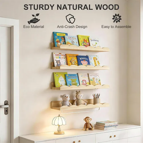 Miniatura 4 de Fixwal Estantes flotantes de 16.5 pulgadas para libros de guardería, juego de 4 estantes de pared festoneados con toallero para niños, habitación