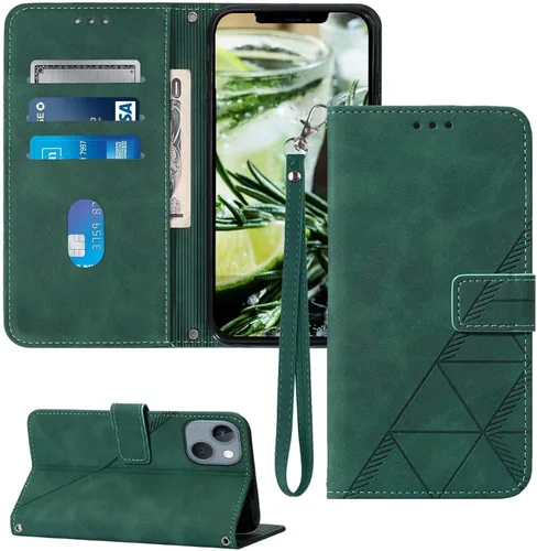 para iPhone 13/14 Funda tipo cartera, ranuras para tarjetas, correa de muñeca, interior protector de TPU, funda tipo cartera de piel sintética con