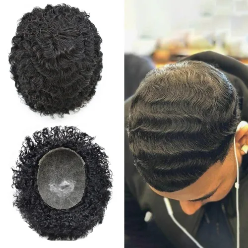 Miniatura 8 de Afro Curl Toupee para hombres unidades de cabello humano real para hombres negros inyectados PU tupé afroamericano para hombre postizo de pelo