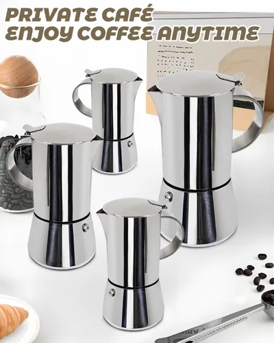 Miniatura 6 de Cafetera Express de acero inoxidable 304, 2 tazas de 3.3 oz/3.4 fl oz, cafetera italiana para el hogar, cocina y campamento, todas las estufas