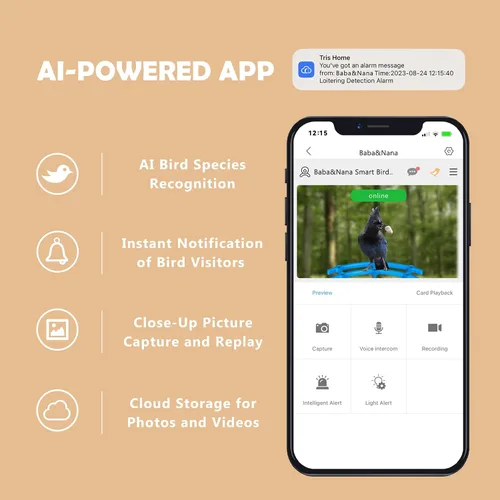 Miniatura 4 de Baba&Nana Comedero inteligente para pájaros con cámara, funciona con energía solar, inalámbrico para colgar al aire libre con WiFi, videos en vivo