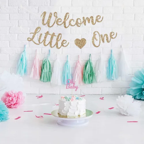Miniatura 2 de Cartel de bienvenida preencordado con texto en inglés «Welcome Little One», «No hazlo tú mismo» – Cartel dorado con purpurina para fiesta