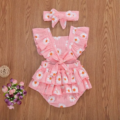 Miniatura 4 de Bebé Niñas Impresión Margarita Algodón Lino Volantes Sin Mangas Mameluco Mono Mono con Headaband Ropa Infantil Verano