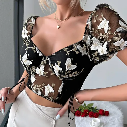 Miniatura 4 de Camiseta de manga abombada bordada floral para mujer, ajustada, corsé corto, sexy, bustier