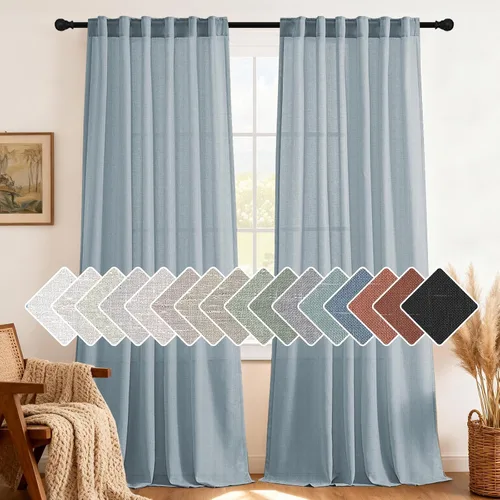 Miniatura 24 de H.VERSAILTEX Cortinas de lino natural de 63 pulgadas de largo para sala de estar, 2 paneles con trabillas traseras y bolsillo, texturizadas