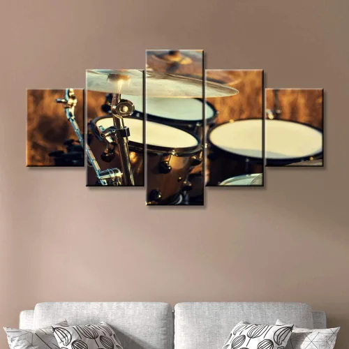Miniatura 34 de Arte de pared en blanco y negro, kit de batería de jazz morado sobre fondo negro, pinturas de 5 paneles, lienzo, arte de pared para decoración