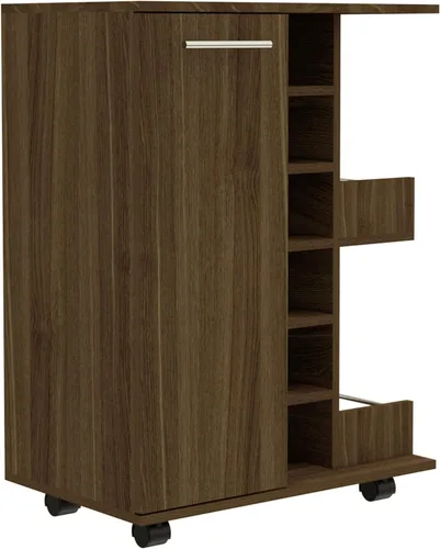Tuhome Carrito de bar, dos estantes externos, cuatro ruedas, seis estante de vino incorporado, gabinete de una sola puerta - nogal oscuro Amaretto