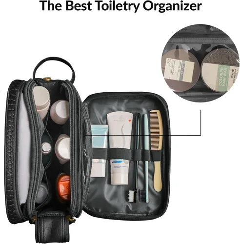 Miniatura 8 de Dot&Dot Neceser de cuero para hombres y mujeres – Espaciosas bolsas de artículos de tocador de viaje para mujer (cocodrilo negro)