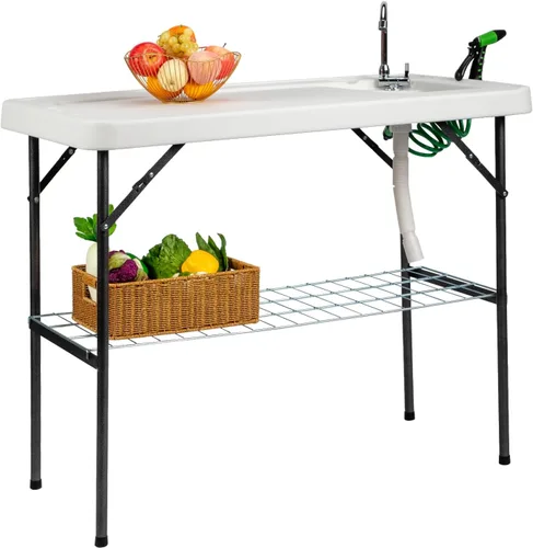 VINGLI Mesa de limpieza plegable para peces y juegos para exteriores con fregadero, portátil y duradera, conexión estándar de jardín, manguera de