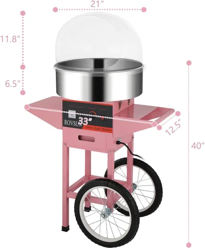 Miniatura 6 de ROVSUN Carrito de máquina de algodón de azúcar de 21 pulgadas, máquina eléctrica de algodón para hacer hilo dental con tapa, cuenco de acero Rosa