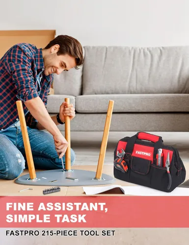 Miniatura 3 de FASTPRO Juego de herramientas de reparación del hogar de 215 piezas con bolsa de almacenamiento abierta de boca ancha de 12 pulgadas, kit de Rojo