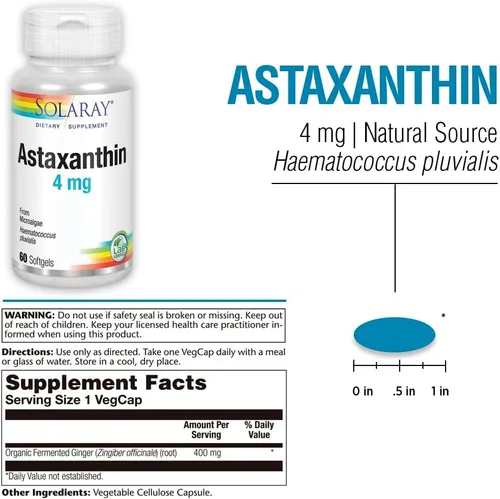 Miniatura 3 de SOLARAY Astaxantina 4 mg Antioxidante Ojo saludable, piel, función cardiovascular y apoyo articular 60 cápsulas blandas