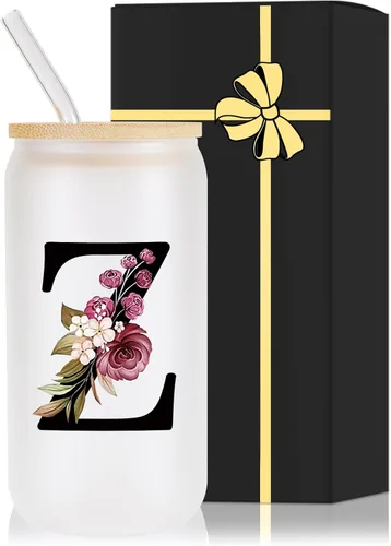 Miniatura 31 de Vaso de vidrio con monograma con tapa de bambú, popote personalizado, vaso de café helado de 16 onzas, tarro transparente de masón, cerveza, agua