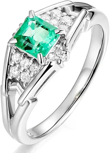 Anillo de boda de oro blanco de 14 quilates con piedra preciosa de esmeralda natural de corte princesa vintage para mujer