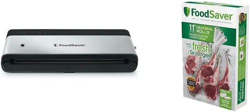 FoodSaver Paquete de máquinas y bolsas de sellado al vacío | Sellador al vacío compacto PowerVac + bolsas de ajuste personalizado Negro