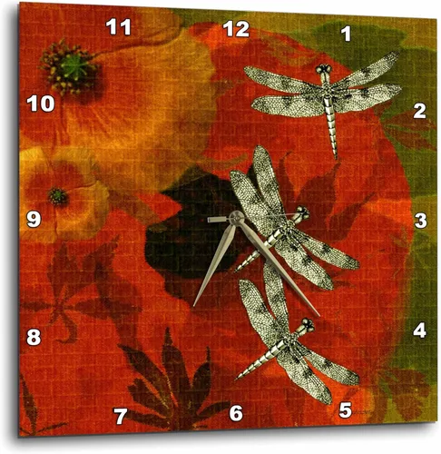 Miniatura 2 de Reloj de pared 3D con diseño de amapolas y libélulas, 10" x 10