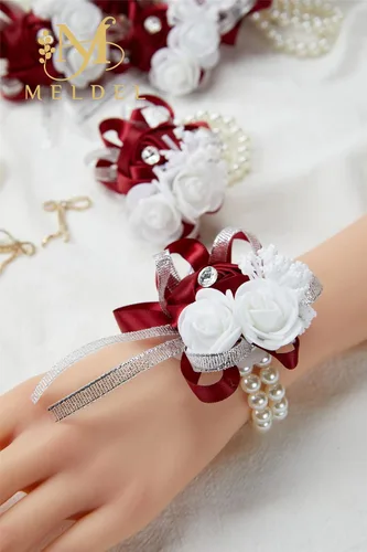 Miniatura 5 de Juego de 4 ramilletes de muñeca color borgoña para boda, juego de ramilletes rojo vino rosa para baile de graduación, novia, dama de honor, niña, 4