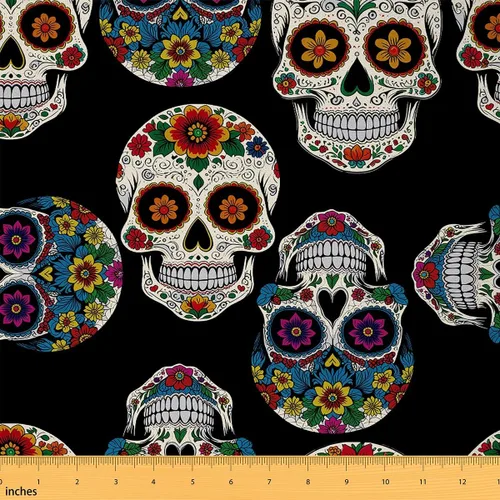 Miniatura 9 de The Yard - Tela de esqueleto de flores en acuarela para sillas, exótica, tribal, floral, estampado de calavera, tela de tapicería para artes, plumas