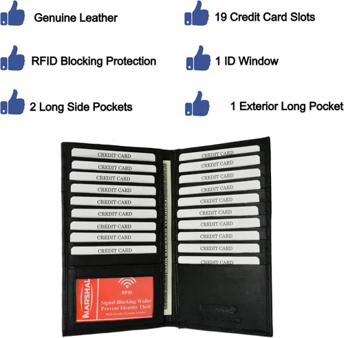Miniatura 3 de Marshal Billetera de Cuero Bifold con Bloqueo RFID para Hombres y Mujeres Soporte de Cuero Genuino con 19 Ranuras, 2 Compartimentos para Billetes