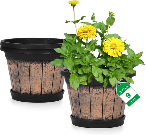 Miniatura 12 de Quarut Macetas de barril marrón de 6 pulgadas con agujeros de drenaje y platillo, juego de 4, plantas para interiores y exteriores para el hogar
