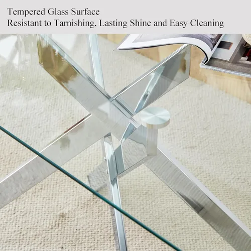 Miniatura 6 de Mesa de comedor rectangular de 51.18" de vidrio templado, mesa de cocina con patas de metal, elegante y robusta mesa de cena para el hogar y la cena