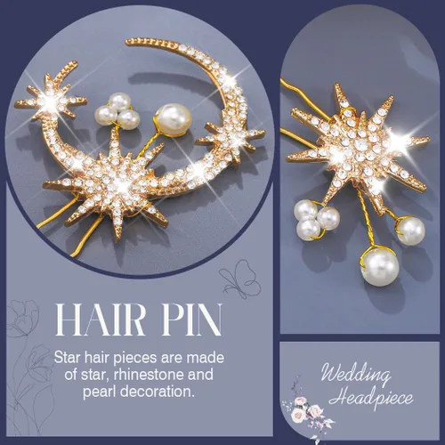 Miniatura 4 de Kilshye Accesorios dorados para el cabello, horquillas de estrella para el cabello de novia para mujeres (paquete de 4)