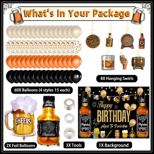 Miniatura 2 de Bluegogo Decoraciones de fiesta de whisky para hombres, kit de 82 piezas envejecidas a la perfección con globos de aluminio, telón de fondo