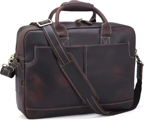 Maletín de cuero genuino para hombre, maletín de cuero de grano completo de 16 pulgadas, bolsa de mensajero con cremalleras de metal YKK (versión