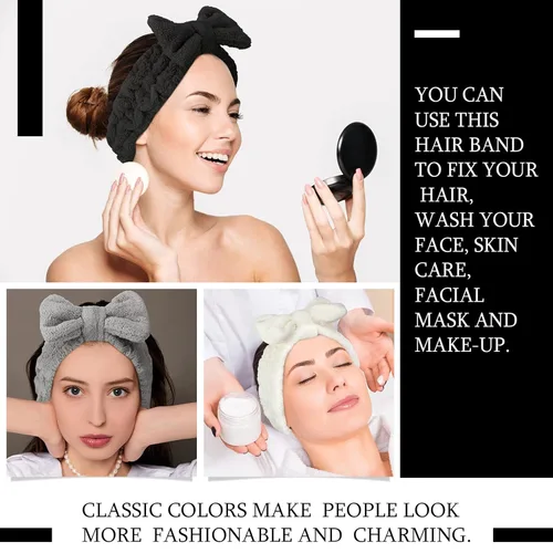 Miniatura 5 de Diadema de toalla de 3 piezas para mujer, diadema de maquillaje para lavar la cara, maquillaje de spa, diadema de microfibra con lazo para la ducha