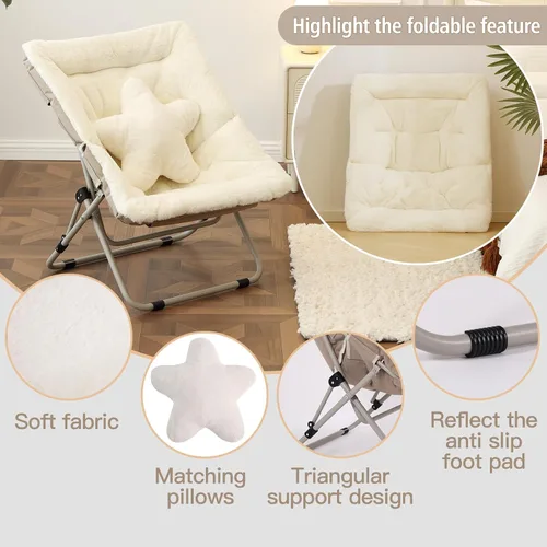 Miniatura 4 de Welnow Cómoda silla platillo con otomana, silla de lectura plegable de gran tamaño para adultos con almohada, silla de salón de piel sintética suave